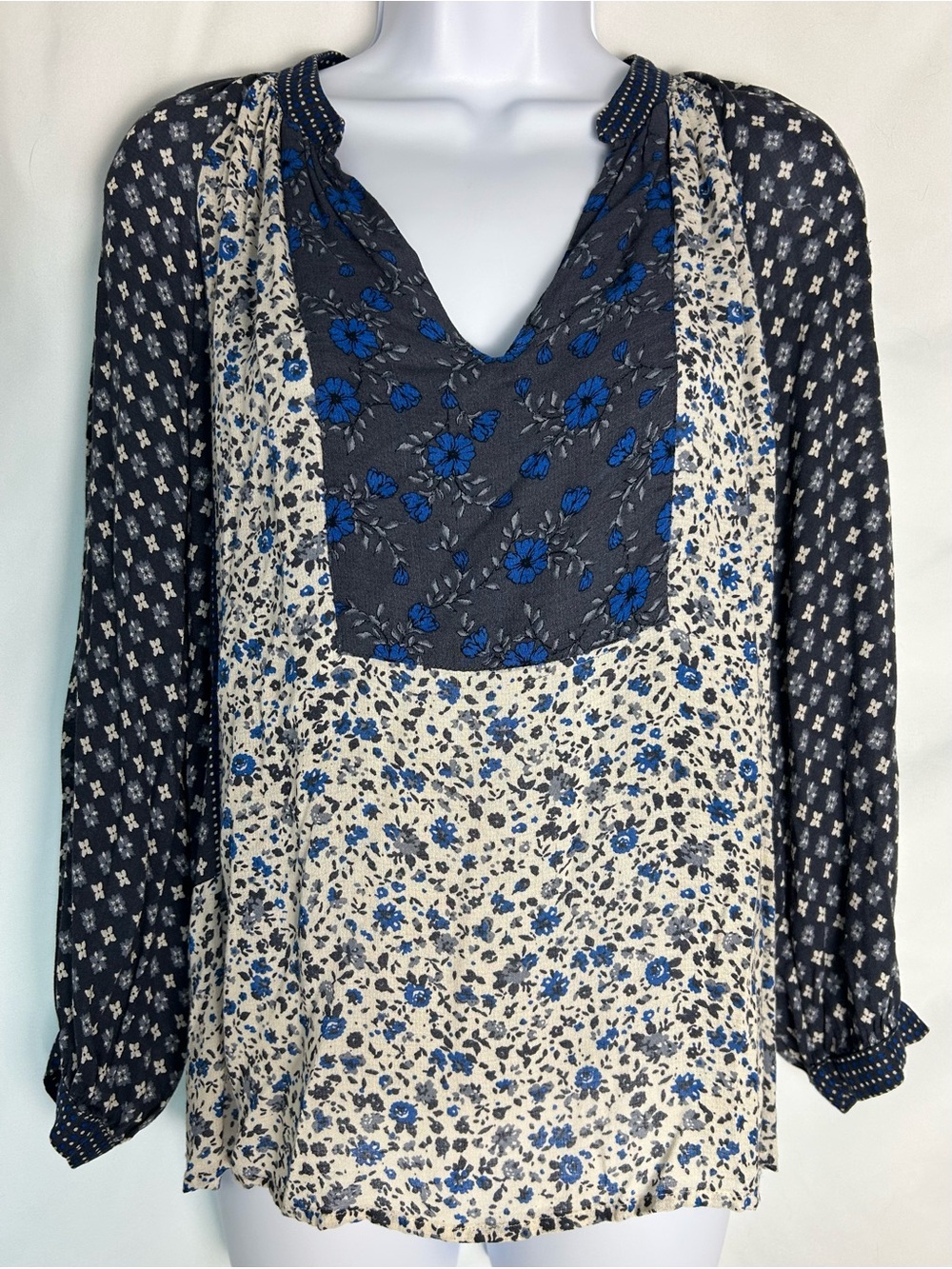 Lucky Brand Floral Mixed Print Boho Blouse Navy Blue Cream